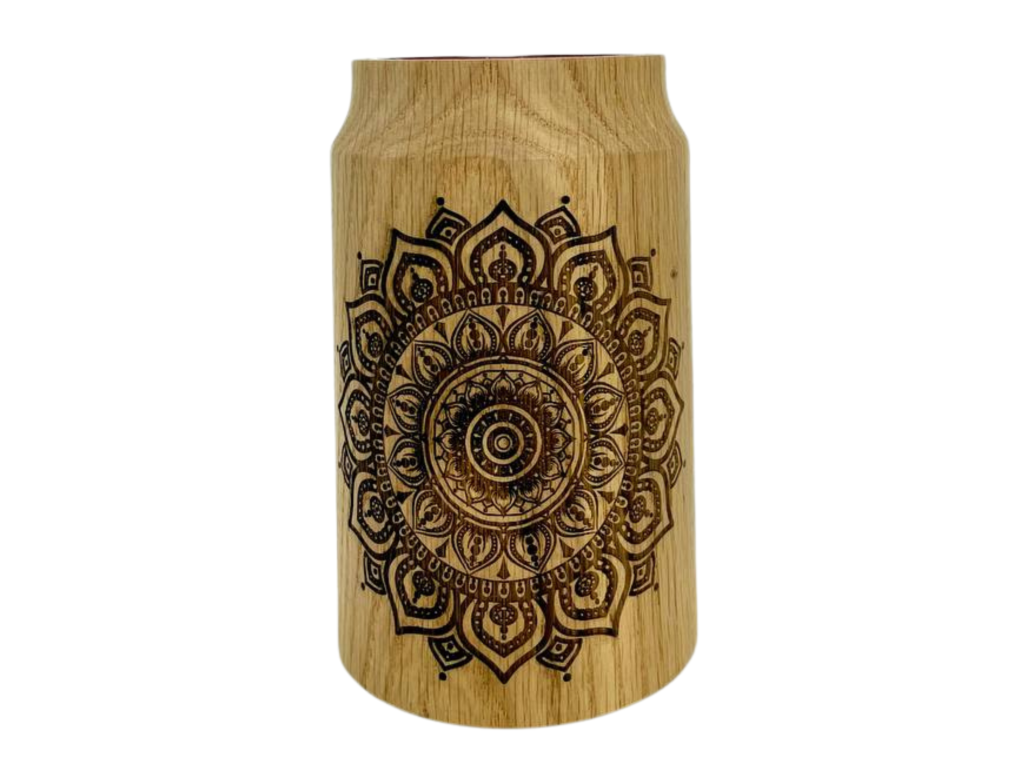 Engraved Wooden Gourd with Glass Insert, Red Pattern