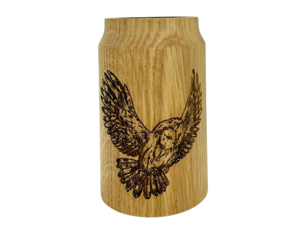 Engraved Wooden Gourd with Glass Insert, Owl